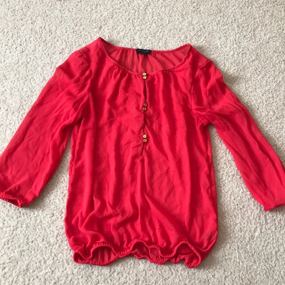 The Limited Tops - Red semi-sheer 3/4 length shirt with gold buttons
